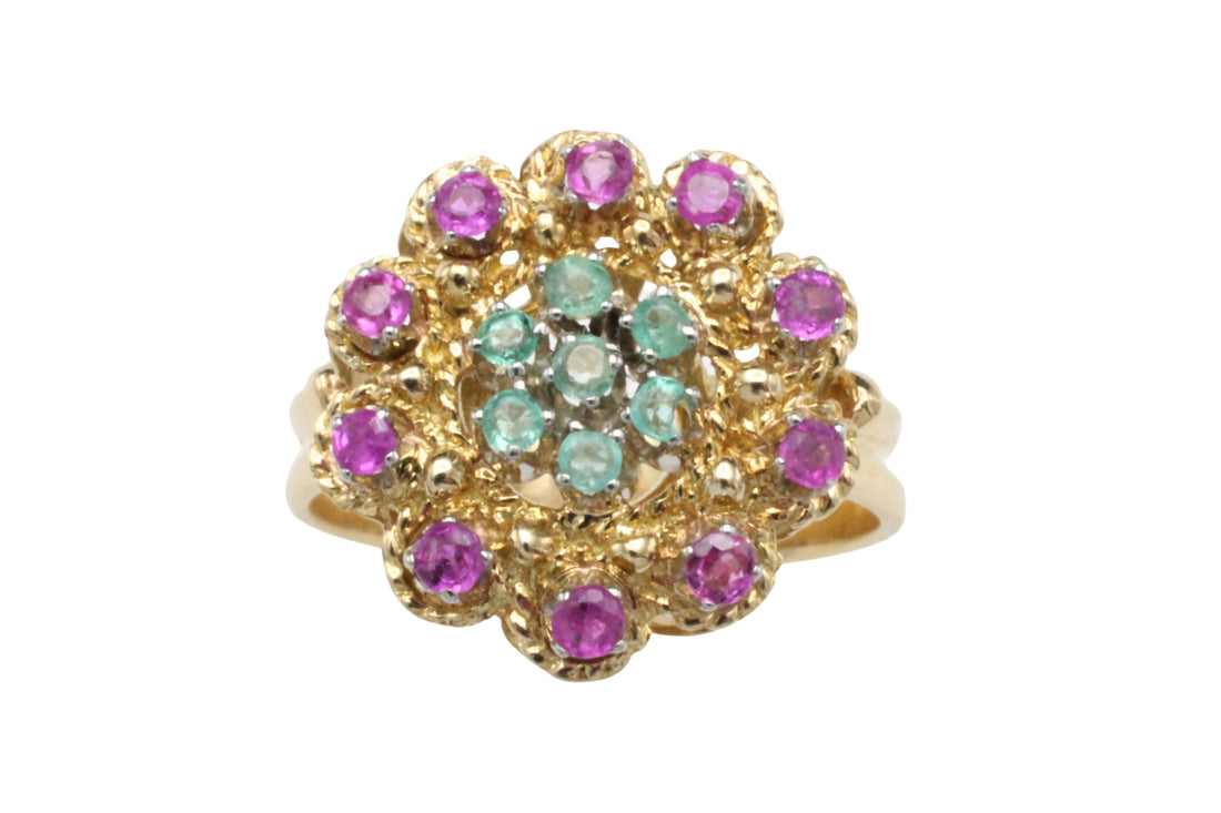 Emerald and ruby cluster ring