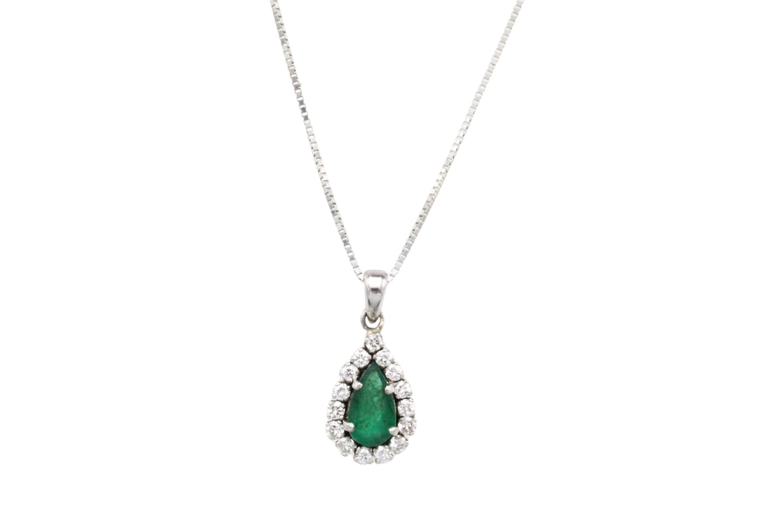 White gold emerald and diamond pendant