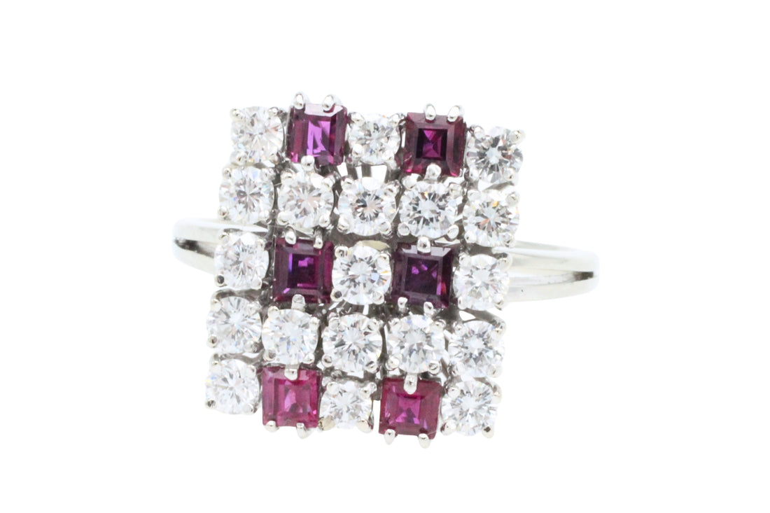 Vintage ruby and diamond ring in white gold