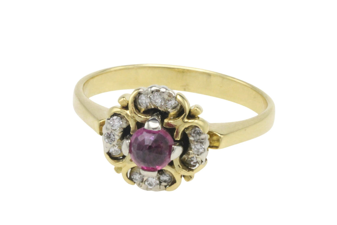 Ruby and diamond cluster ring in 18 carat gold-Vintage Rings-The Antique Ring Shop
