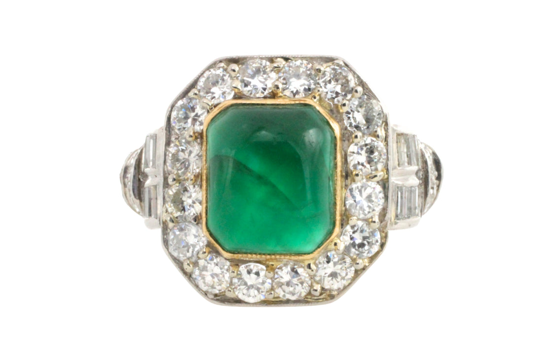 Vintage cabochon emerald and diamond ring in 18 carat gold