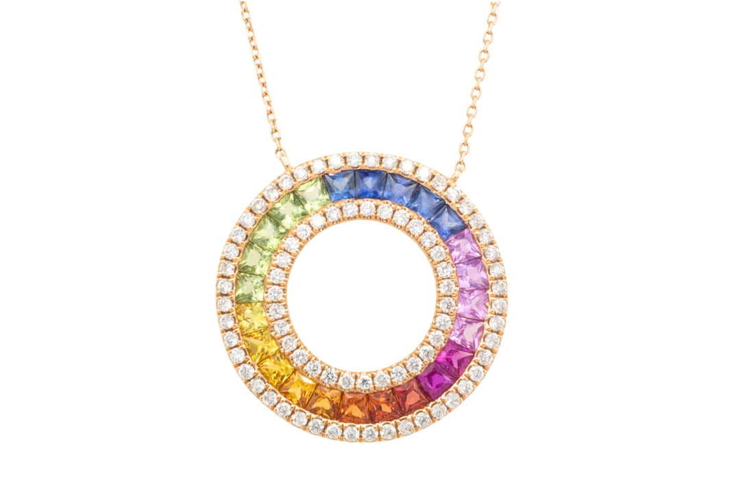 Multi colored carre cut sapphire and diamond pendant