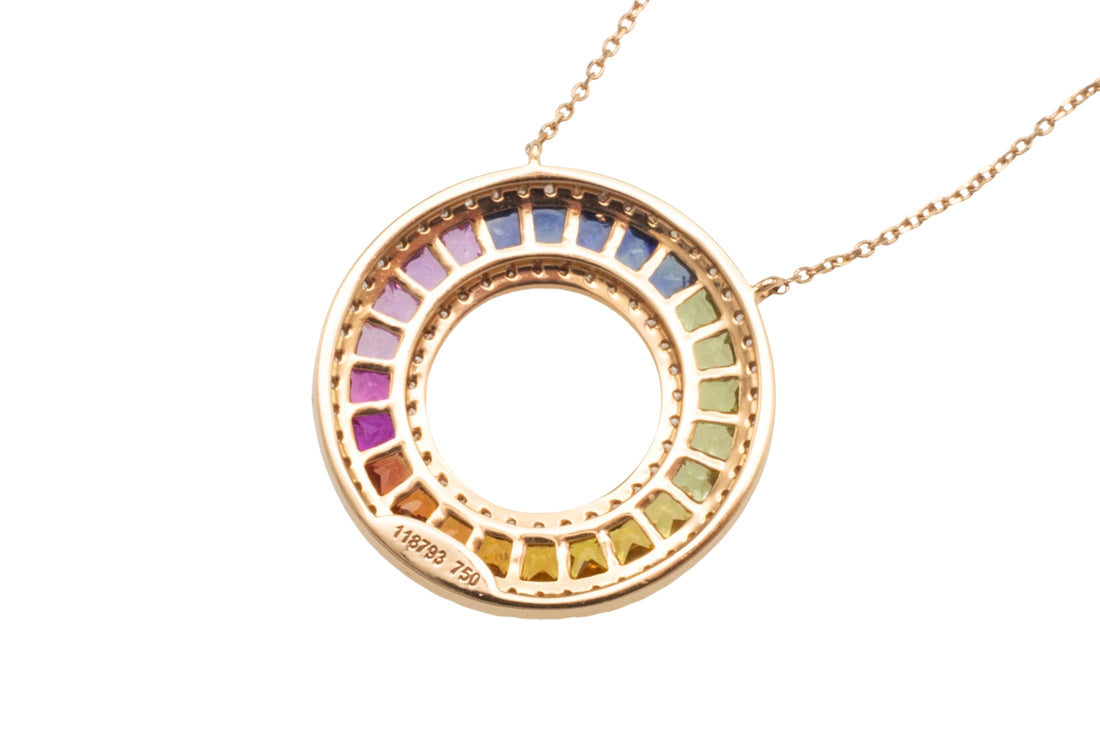 Multi colored carre cut sapphire and diamond pendant