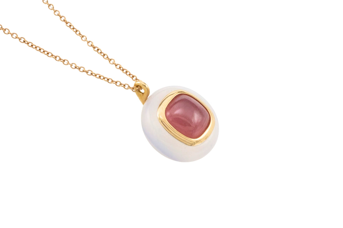 Rhodochrosite and agate pendant in 18 carat gold