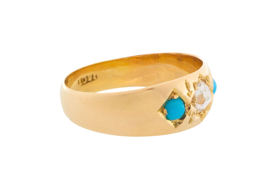 Victorian old cut diamond and turquoise gypsy ring