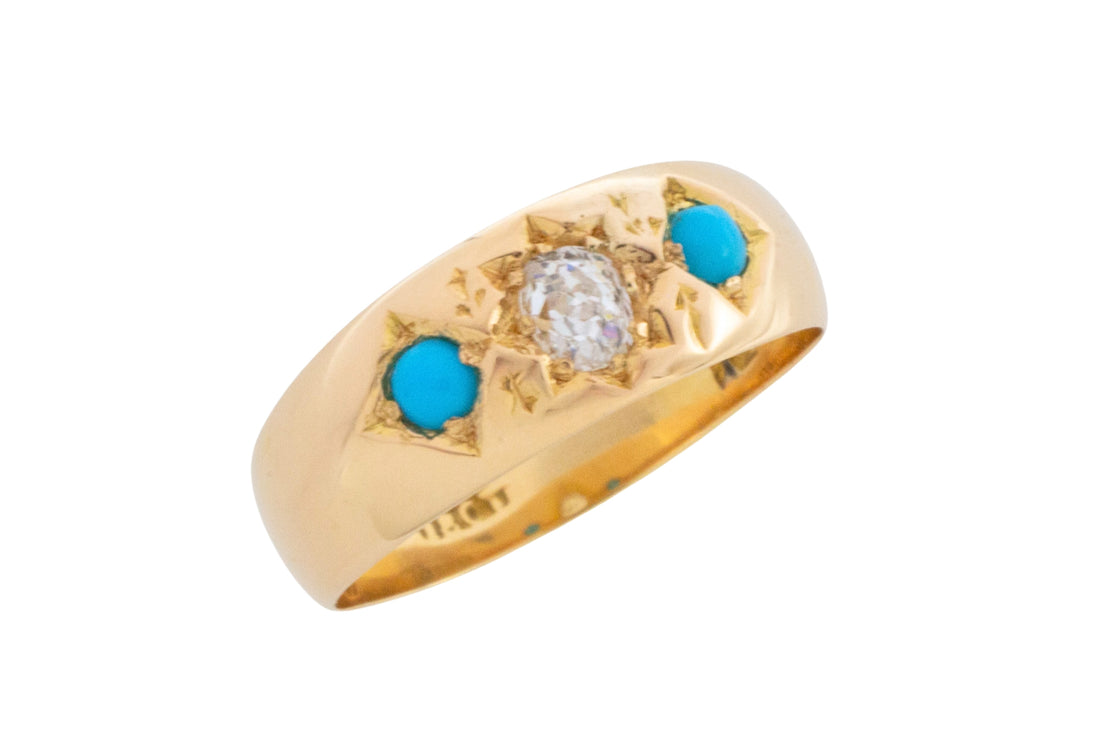 Victorian old cut diamond and turquoise gypsy ring