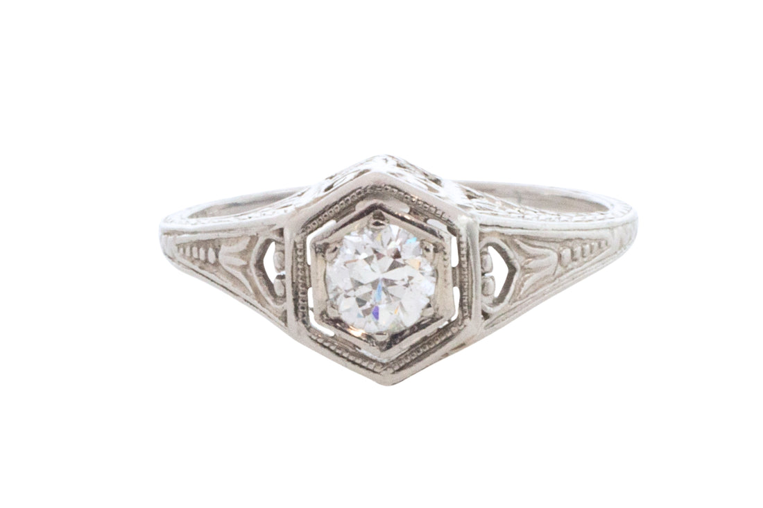 Vintage Art Deco diamond ring in platinum-engagement rings-The Antique Ring Shop