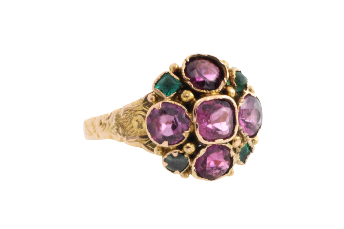 Victorian garnet and emerald cluster ring