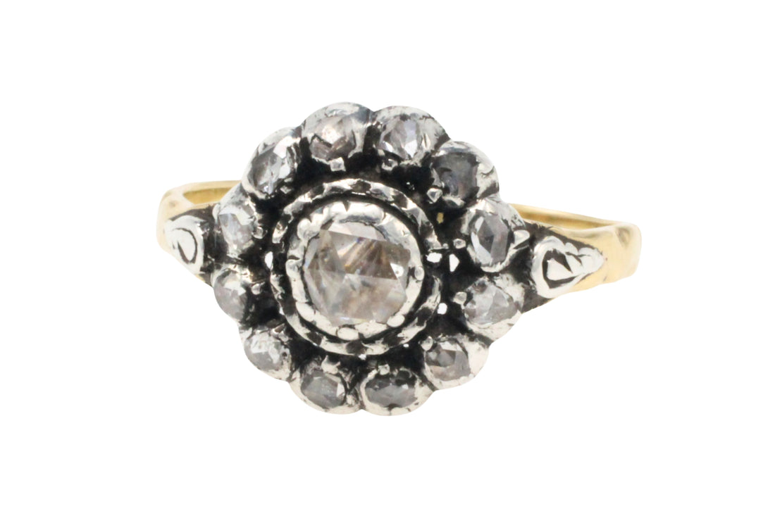 Rose diamond cluster ring in silver and gold