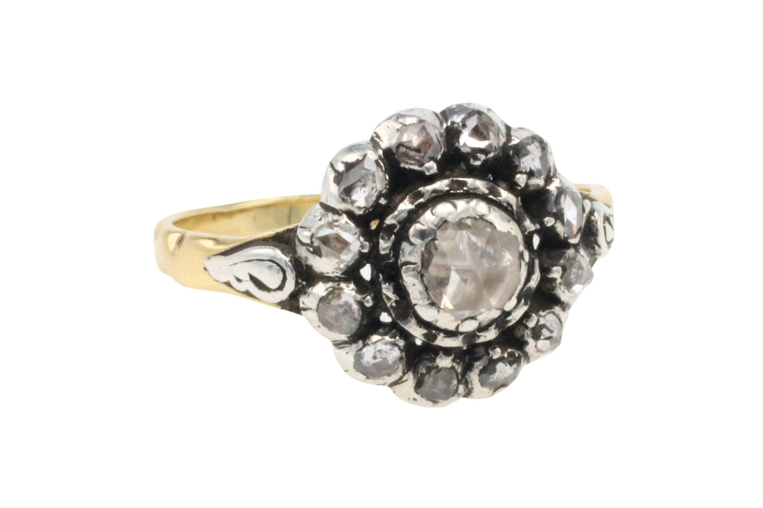 Rose diamond cluster ring in silver and gold