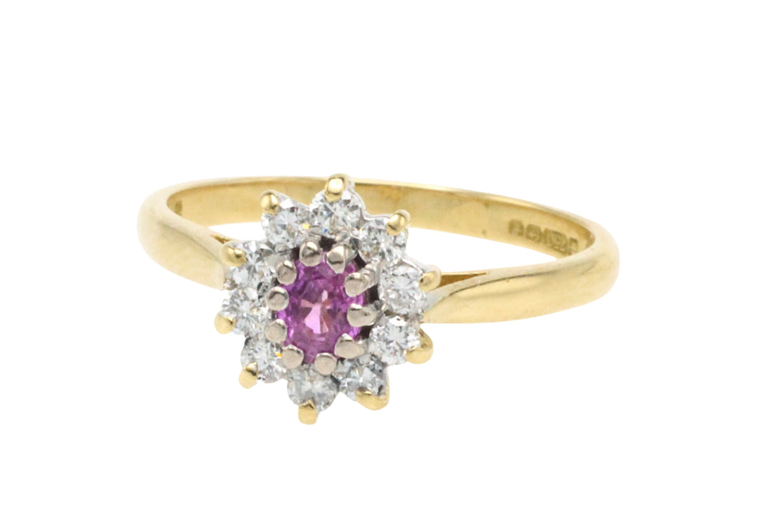 Vintage roze saffier en diamanten ring