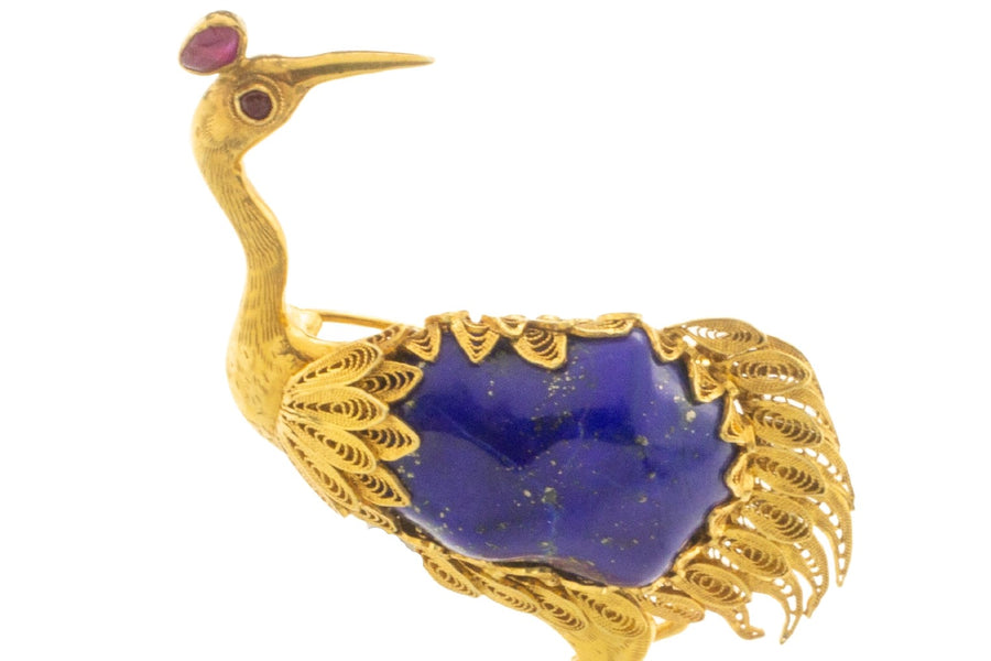 14 carat gold brird brooch with lapis lazuli, ruby and tourmaline stones-Brooches-The Antique Ring Shop