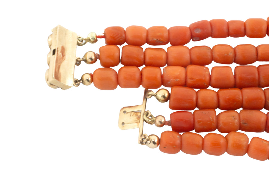 Three strand coral collier with 14 carat gold clasp-Necklaces-The Antique Ring Shop
