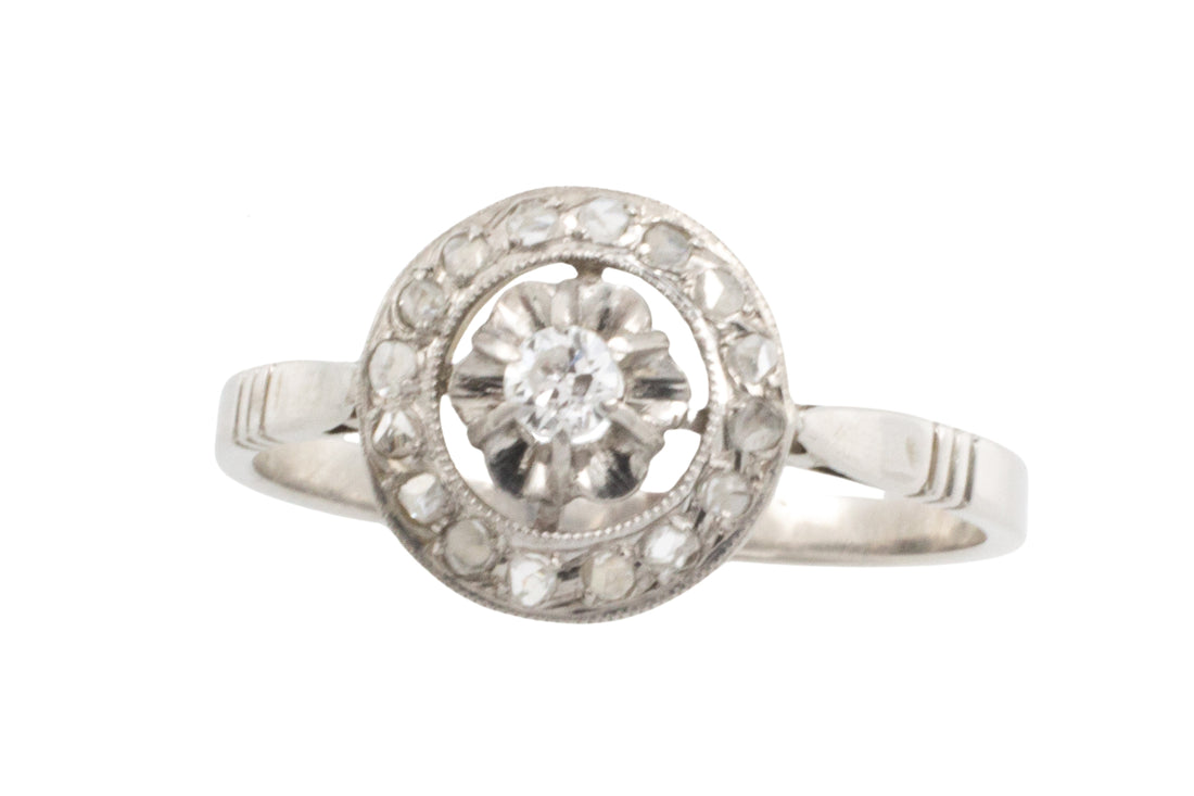 White gold ring with brilliant and rose cut diamonds-engagement rings-The Antique Ring Shop
