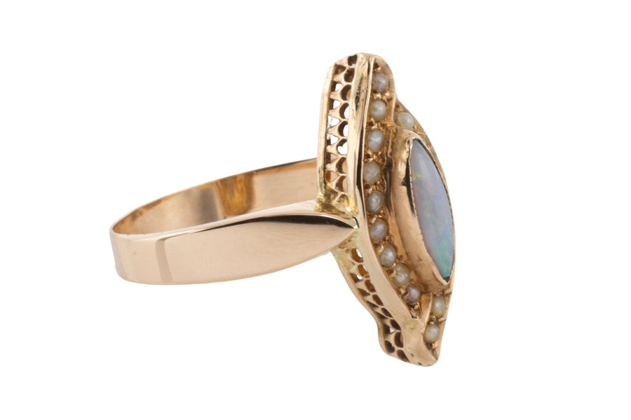 Marquise opal and seed pearl ring in 14 carat gold-Antique rings-The Antique Ring Shop