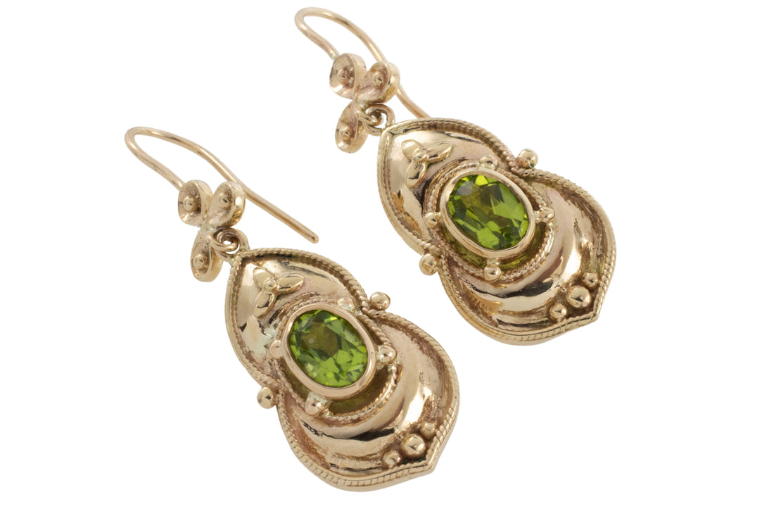 Peridot pendant earrings in 15 carat gold-Earrings-The Antique Ring Shop