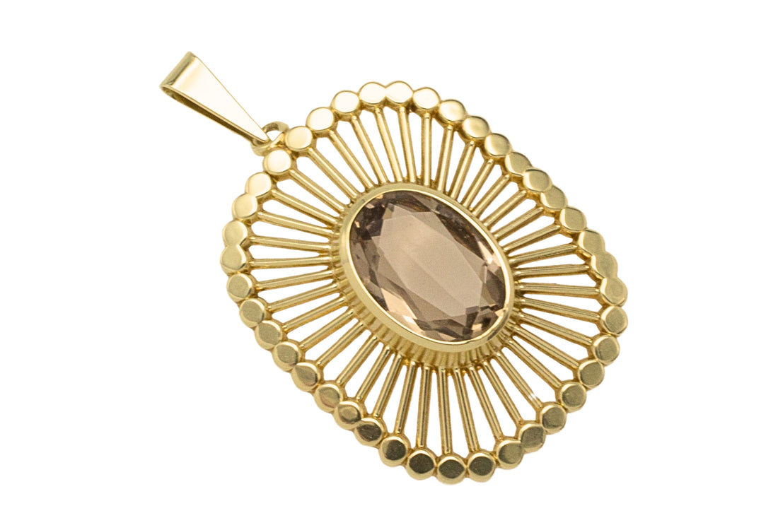 Vintage smoked quartz pendant in 14 carat gold-Pendants-The Antique Ring Shop