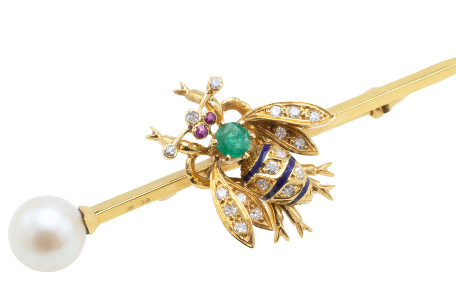 Emerald, diamond, ruby and pearl bee bar brooch-Brooches-The Antique Ring Shop