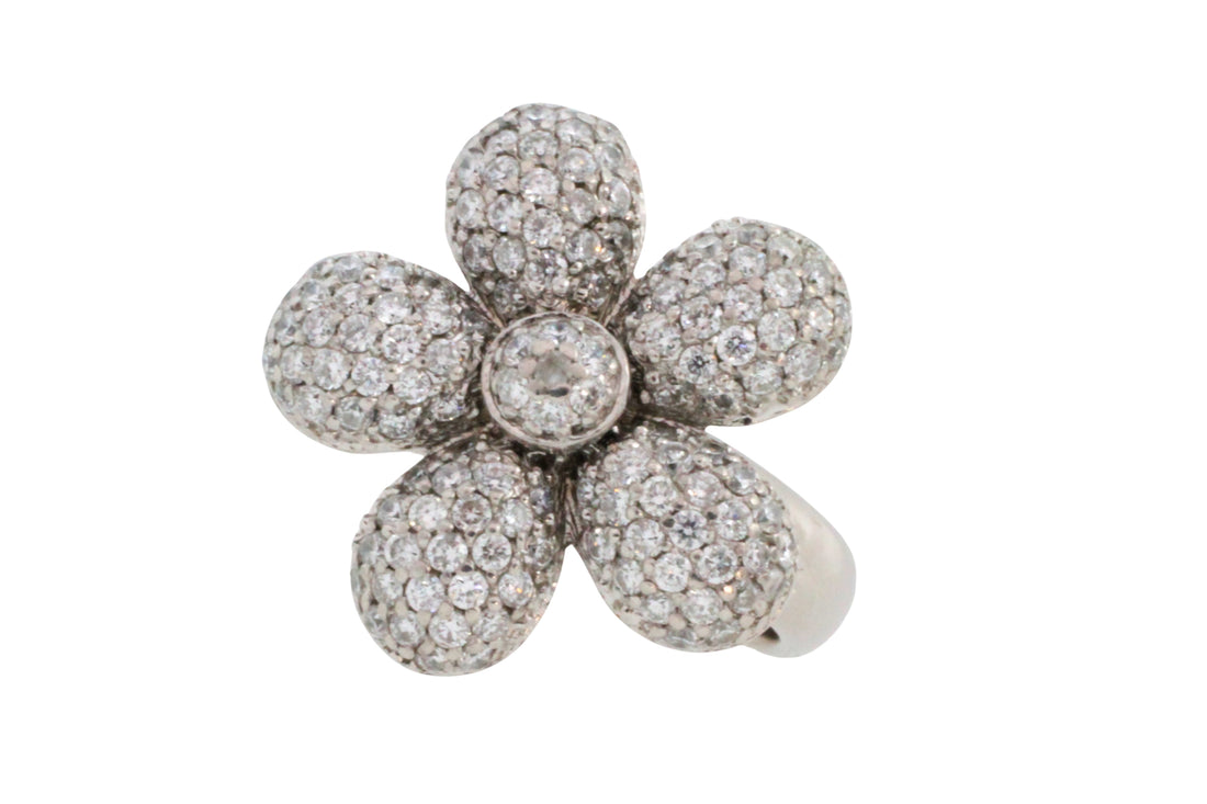 White gold flower ring with diamonds-Vintage Rings-The Antique Ring Shop