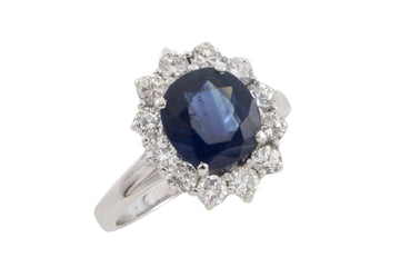 Sapphire and diamond cluster ring in white gold-engagement rings-The Antique Ring Shop