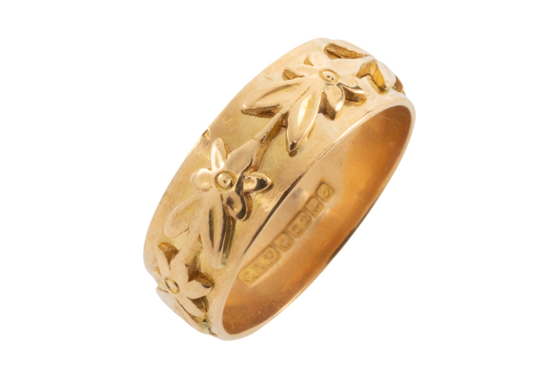 Vintage 22 carat gold band with flower motif-wedding rings-The Antique Ring Shop