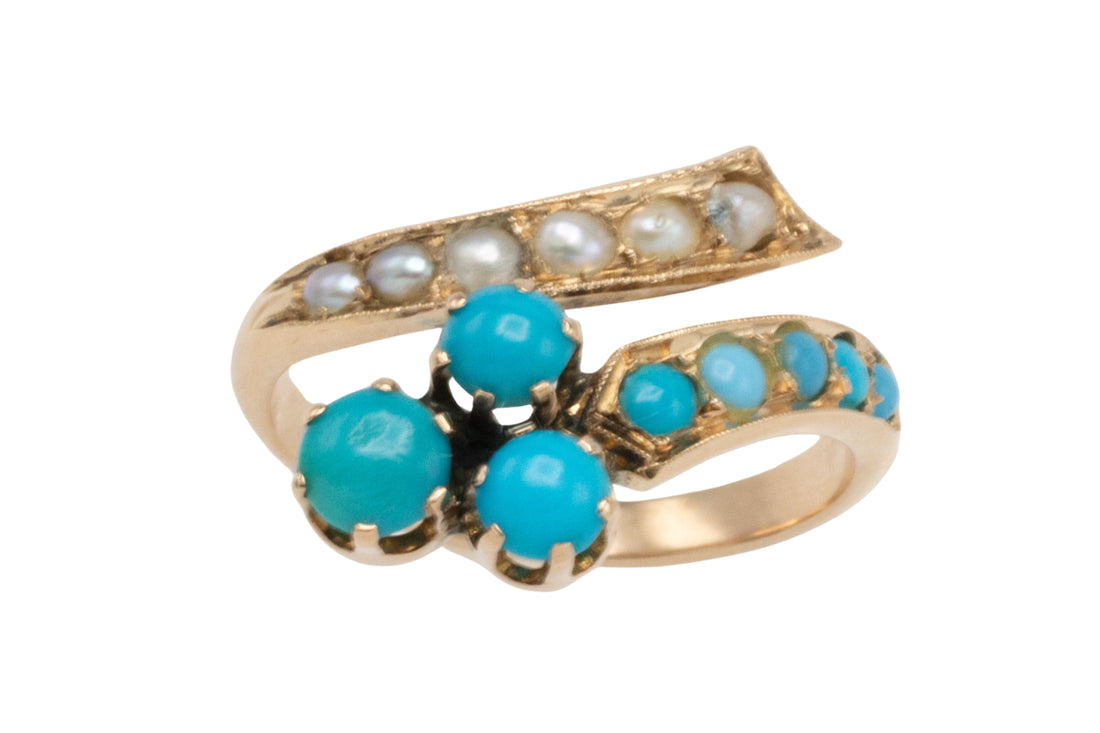 Antique turquoise and pearl ring in 14 carat gold-Antique rings-The Antique Ring Shop