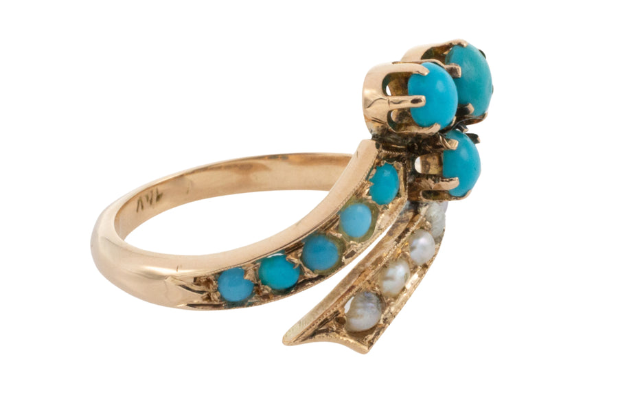 Antique turquoise and pearl ring in 14 carat gold-Antique rings-The Antique Ring Shop