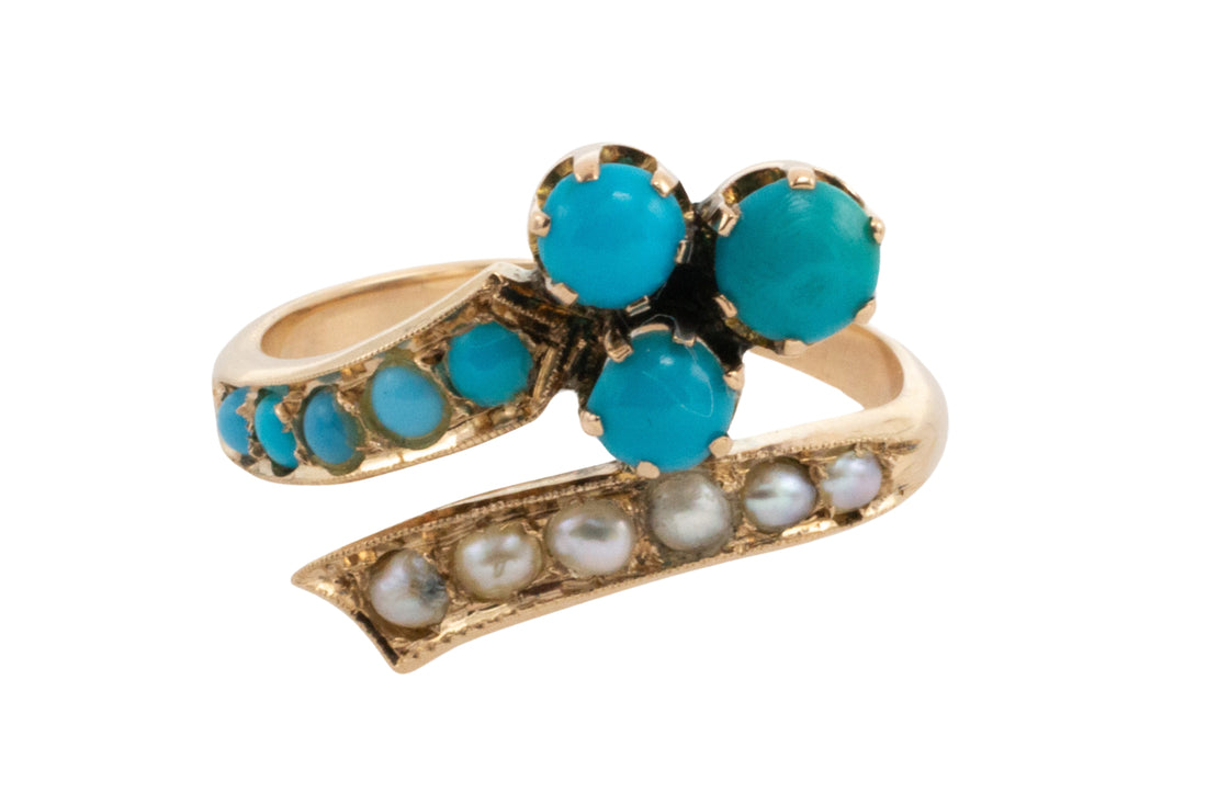 Antique turquoise and pearl ring in 14 carat gold-Antique rings-The Antique Ring Shop