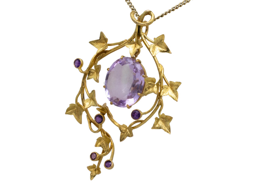 18 carat gold ivy pendant with amethyst-Pendants-The Antique Ring Shop