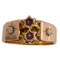 Pearl and ruby gypsy ring in 18 carat gold