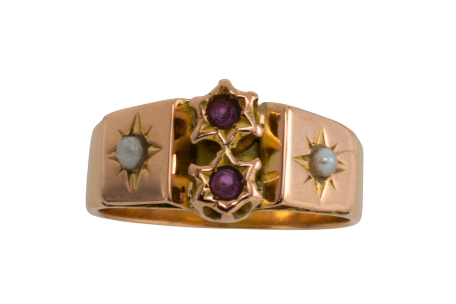 Pearl and ruby gypsy ring in 18 carat gold