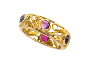 Gold filigree band with semi preciuous cabochon stones-wedding rings-The Antique Ring Shop