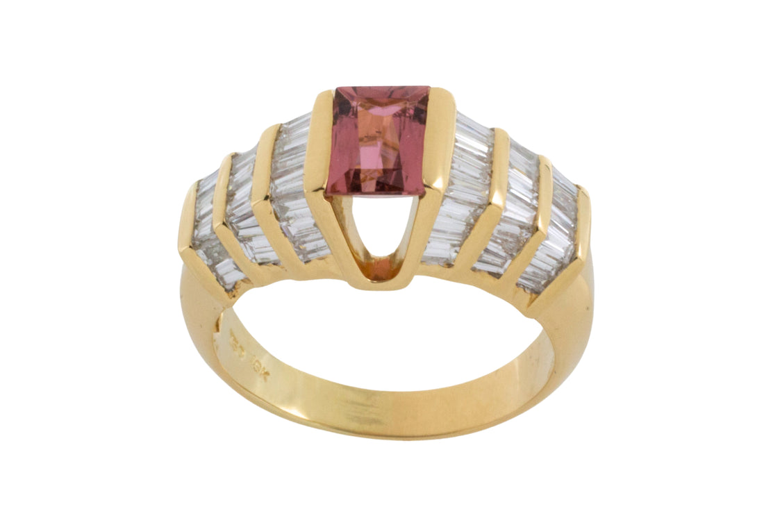 Baguette cut diamond ring with pink tourmaline-Vintage Rings-The Antique Ring Shop