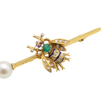 Emerald, diamond, ruby and pearl bee bar brooch-Brooches-The Antique Ring Shop