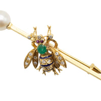 Emerald, diamond, ruby and pearl bee bar brooch-Brooches-The Antique Ring Shop