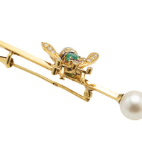 Emerald, diamond, ruby and pearl bee bar brooch-Brooches-The Antique Ring Shop