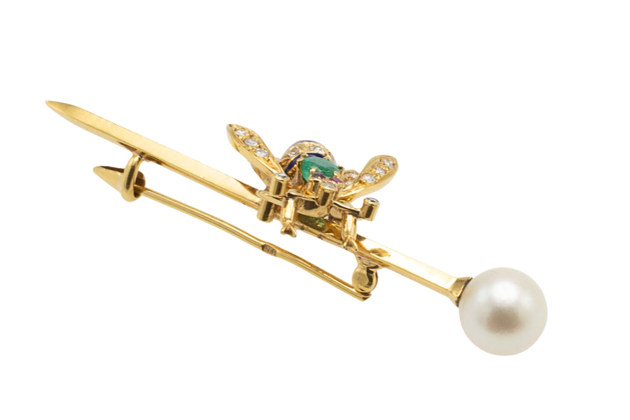 Emerald, diamond, ruby and pearl bee bar brooch-Brooches-The Antique Ring Shop