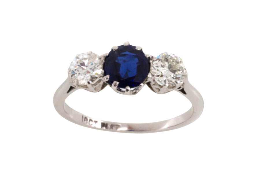 Sapphire and diamond ring in white gold and platinum-engagement rings-The Antique Ring Shop