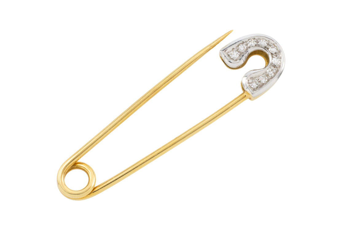 Safety pin brooch with diamonds-Brooches-The Antique Ring Shop