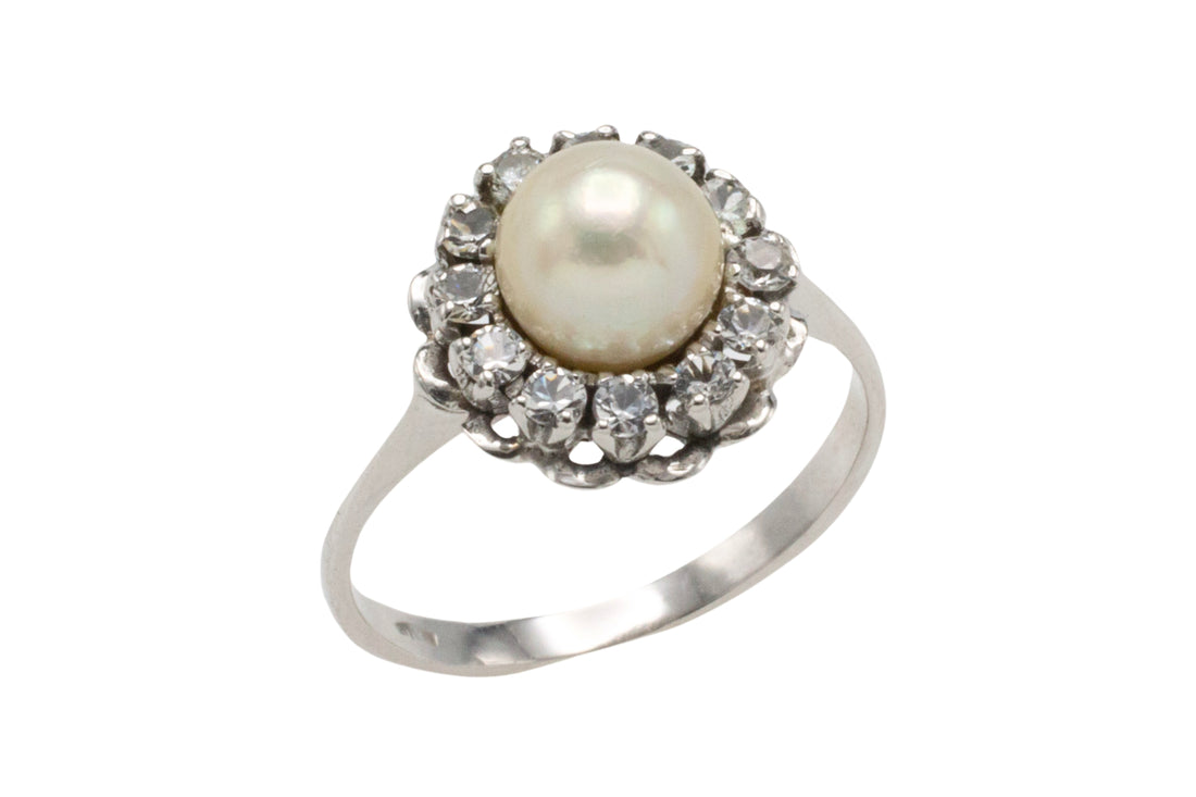 Vintage white gold pearl and diamond ring-Vintage Rings-The Antique Ring Shop