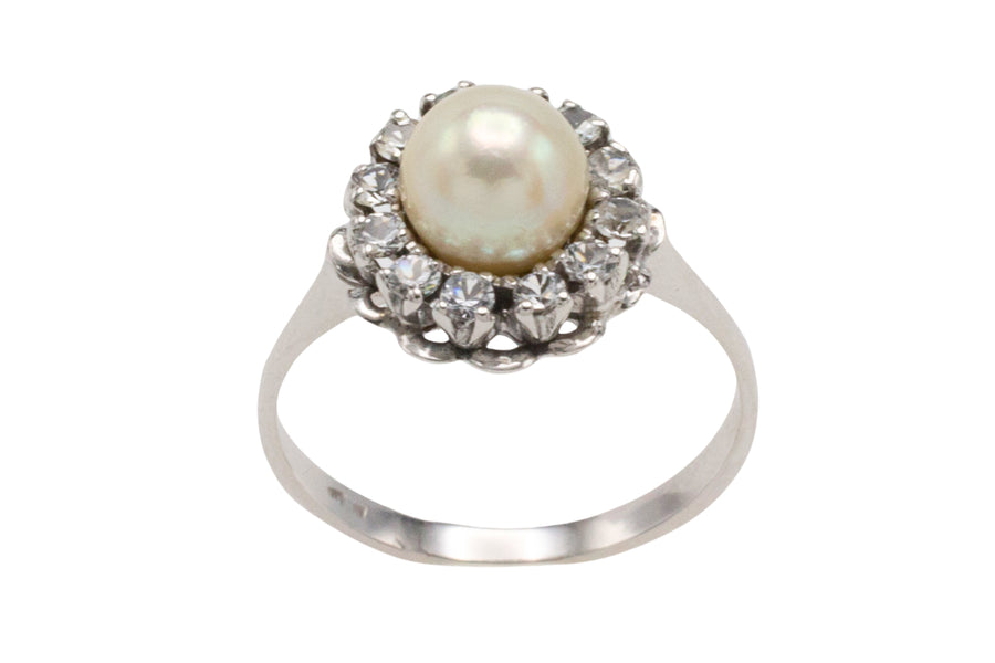 Vintage white gold pearl and diamond ring-Vintage Rings-The Antique Ring Shop