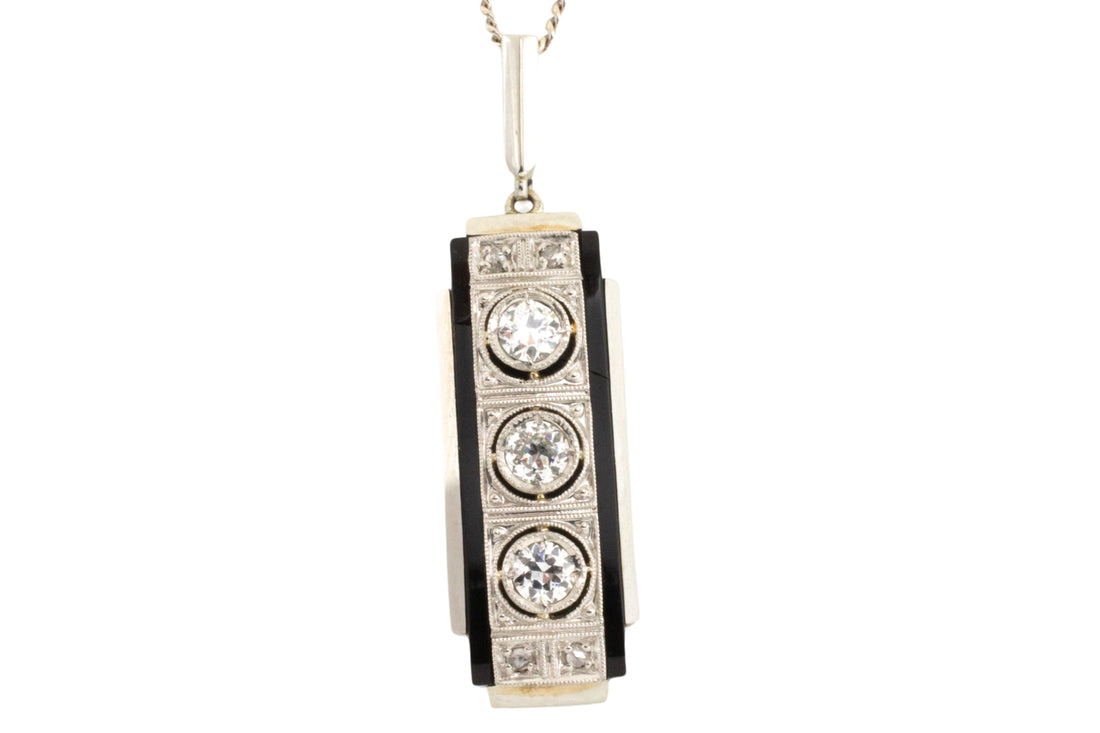 Art Deco white gold diamond and onyx pendant-Pendants-The Antique Ring Shop