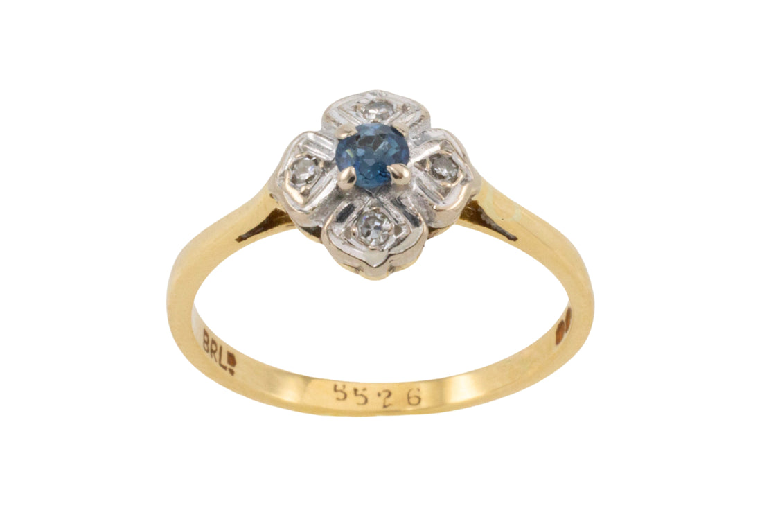 Vintage 18 carat sapphire and diamond flower ring-Vintage Rings-The Antique Ring Shop