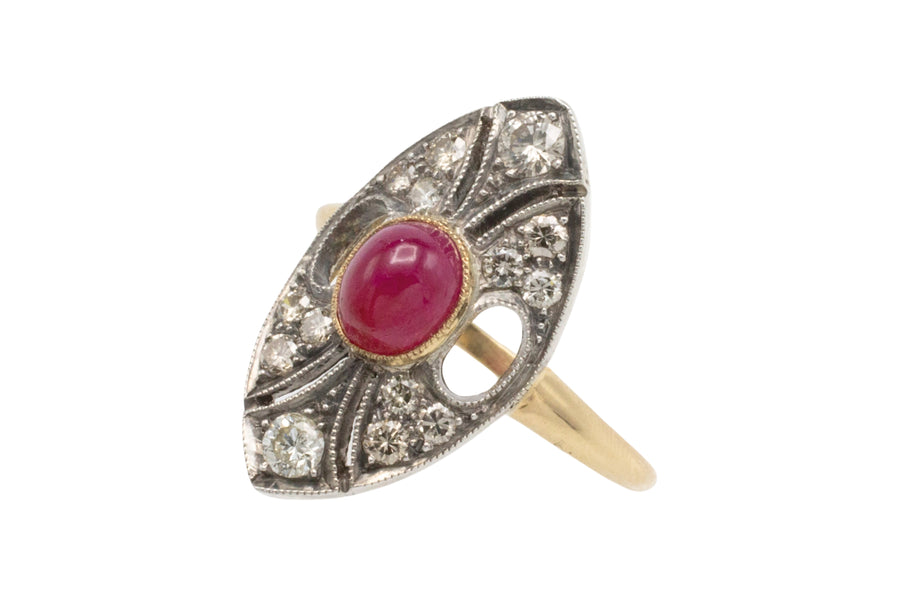 Vintage cabochon ruby and diamond marquise shaped ring-Vintage Rings-The Antique Ring Shop