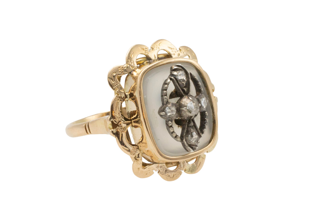 Gold agate ring with rose diamonds in silver-Vintage Rings-The Antique Ring Shop