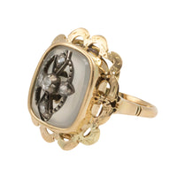 Gold agate ring with rose diamonds in silver-Vintage Rings-The Antique Ring Shop