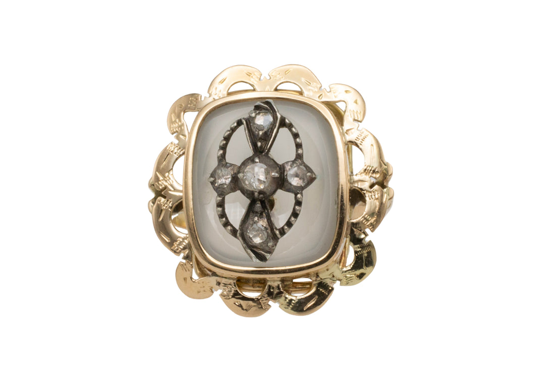 Gold agate ring with rose diamonds in silver-Vintage Rings-The Antique Ring Shop