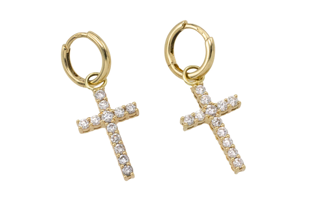 Diamond cross earrings in 14 carat gold-Earrings-The Antique Ring Shop