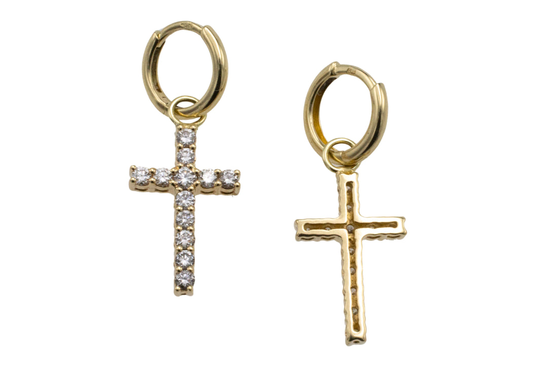 Diamond cross earrings in 14 carat gold-Earrings-The Antique Ring Shop