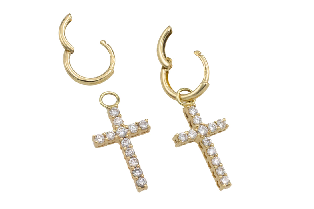 Diamond cross earrings in 14 carat gold-Earrings-The Antique Ring Shop